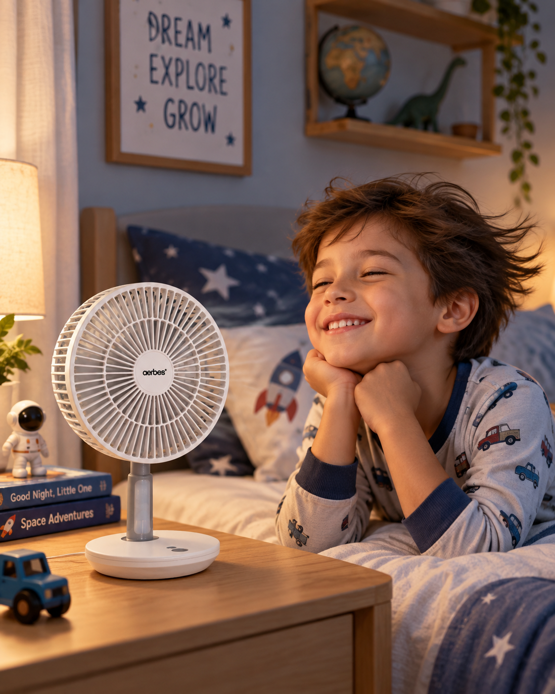 A smiling child in patterned pajamas lies on a bed in a cozy bedroom, looking toward a small white desk fan placed on a wooden nightstand. The room is warmly lit, with shelves, a globe, a dinosaur toy, and framed wall art visible in the background.