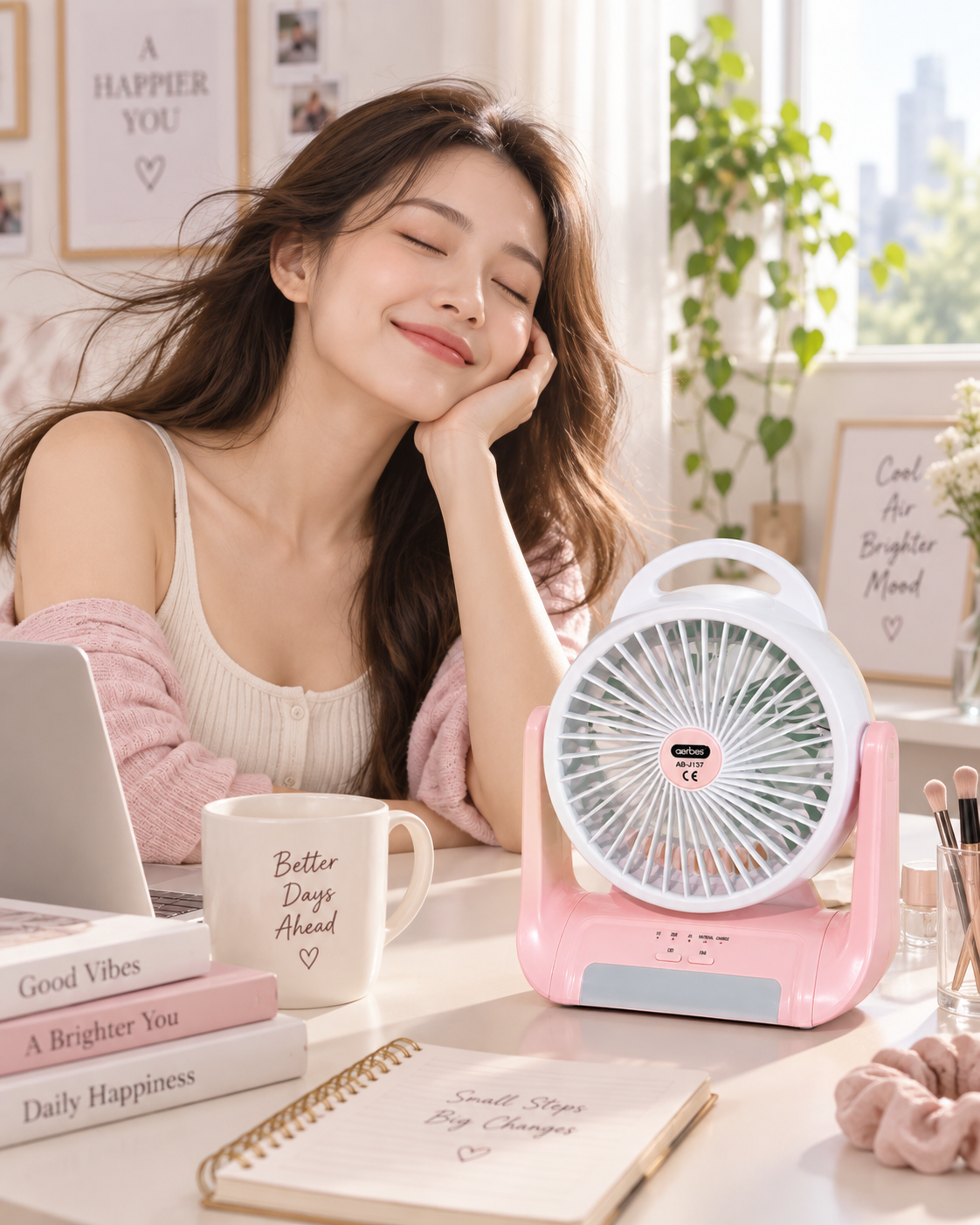 A woman rests her head on her hand at a desk with a pink and white portable fan in the foreground, surrounded by a laptop, mug, notebook, and framed motivational quotes.