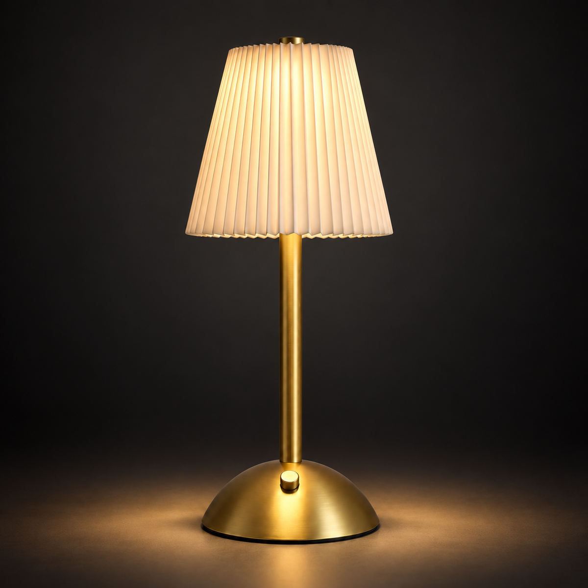 A modern table lamp with a pleated beige fabric shade, a slim gold metal stem, and a round gold base, shown illuminated against a dark studio background.