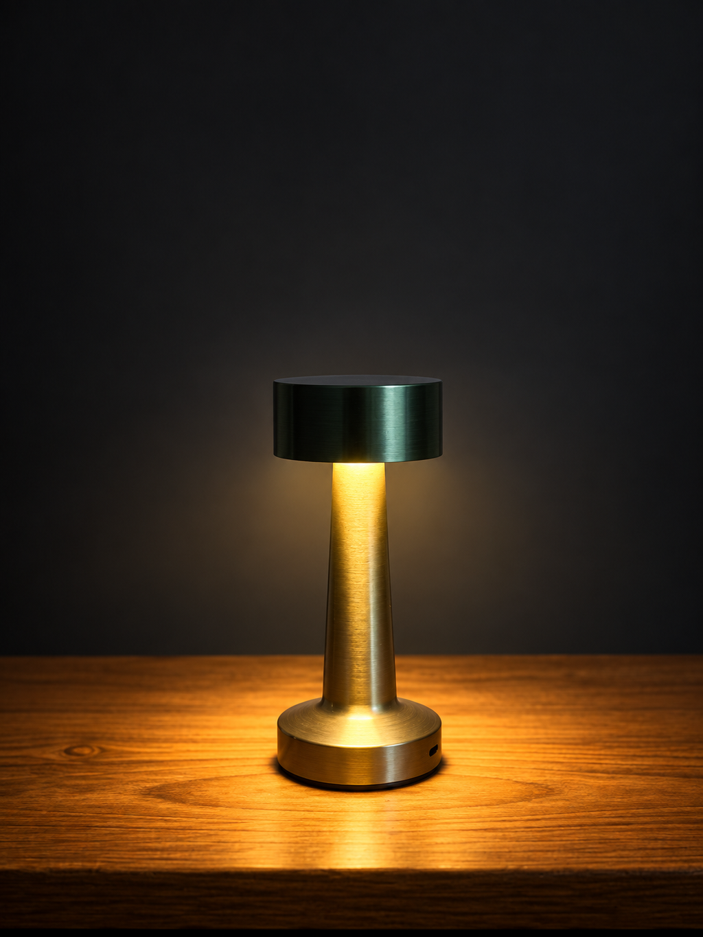 A modern table lamp with a brushed brass cylindrical base and a dark green metallic top, illuminated to cast a warm yellow glow on a wooden tabletop against a dark background.