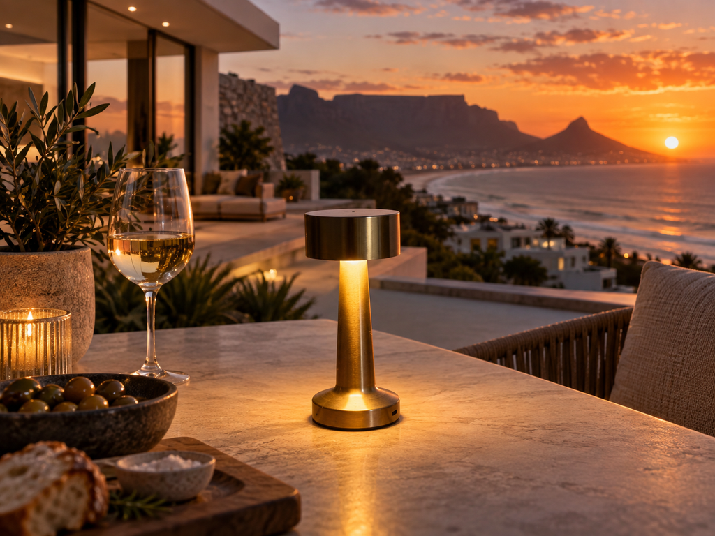 A modern brass table lamp glowing warmly on an outdoor patio table, set against a luxurious sunset ocean view with mountains and a beach in the background.
