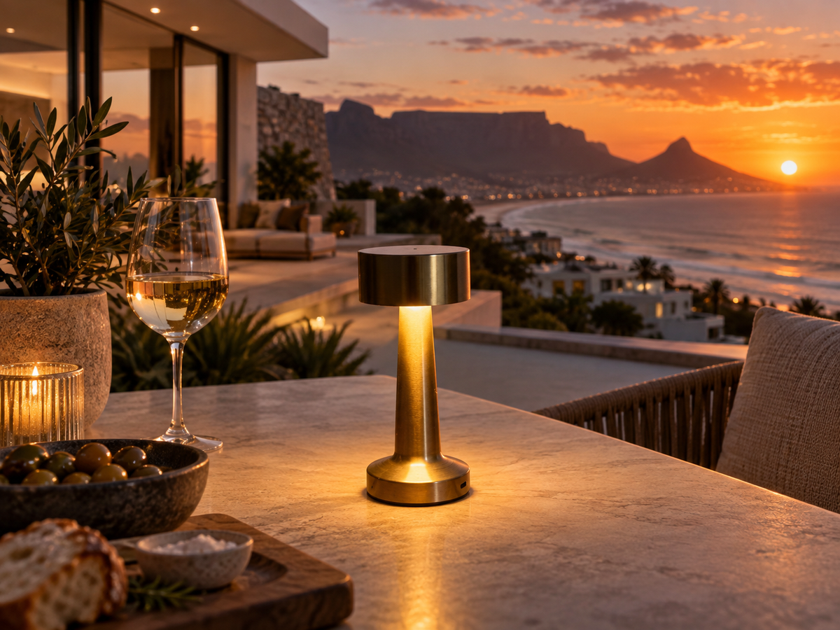 A modern brass table lamp glowing warmly on an outdoor patio table, set against a luxurious sunset ocean view with mountains and a beach in the background.