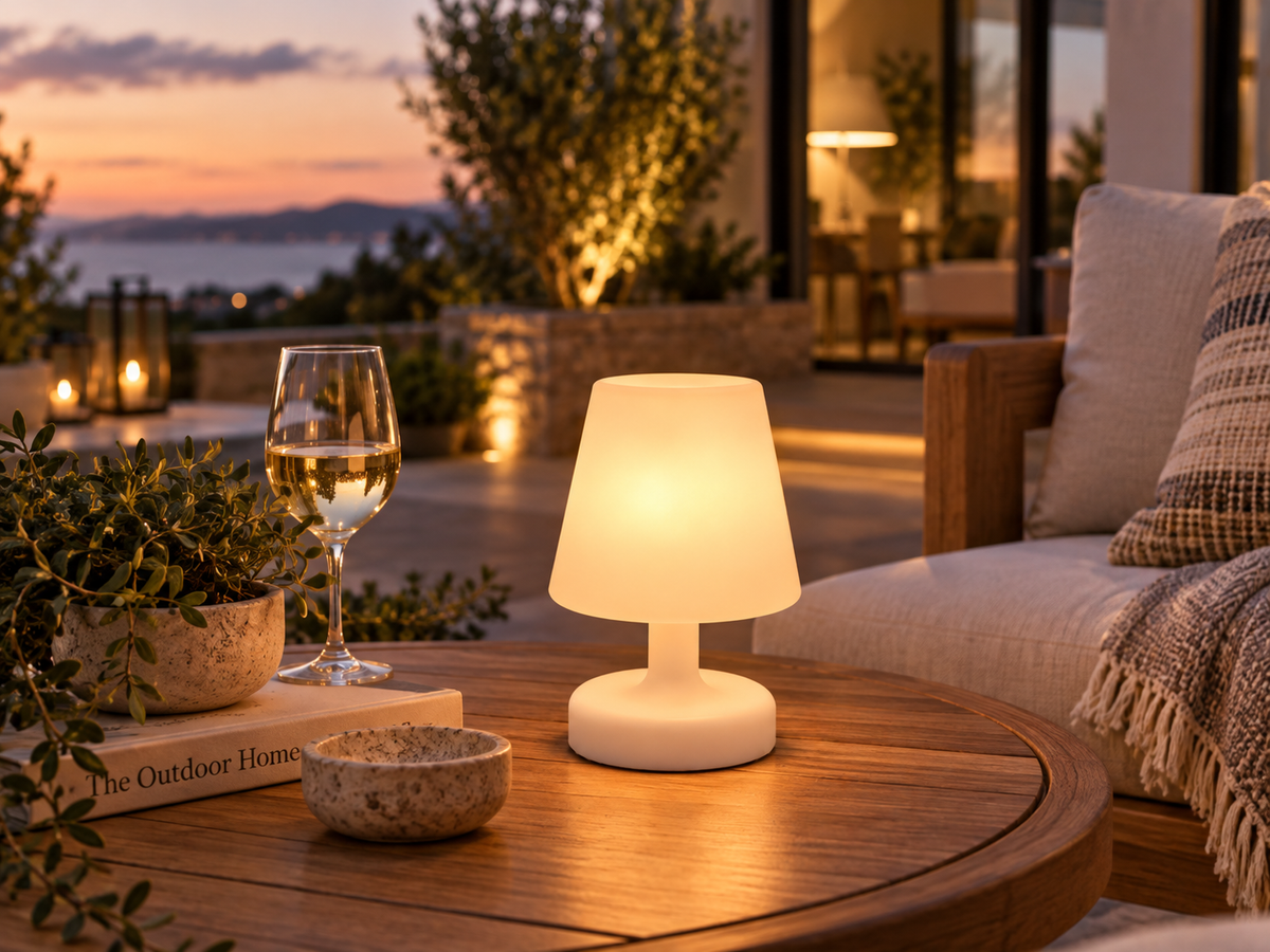 A small modern table lamp with a glowing warm white shade and white base sits on a round wooden outdoor table at dusk. A wine glass, books, and a cushioned patio chair are nearby, with a sunset and patio setting in the background.