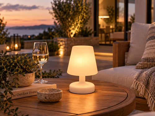 A small modern table lamp with a glowing warm white shade and white base sits on a round wooden outdoor table at dusk. A wine glass, books, and a cushioned patio chair are nearby, with a sunset and patio setting in the background.
