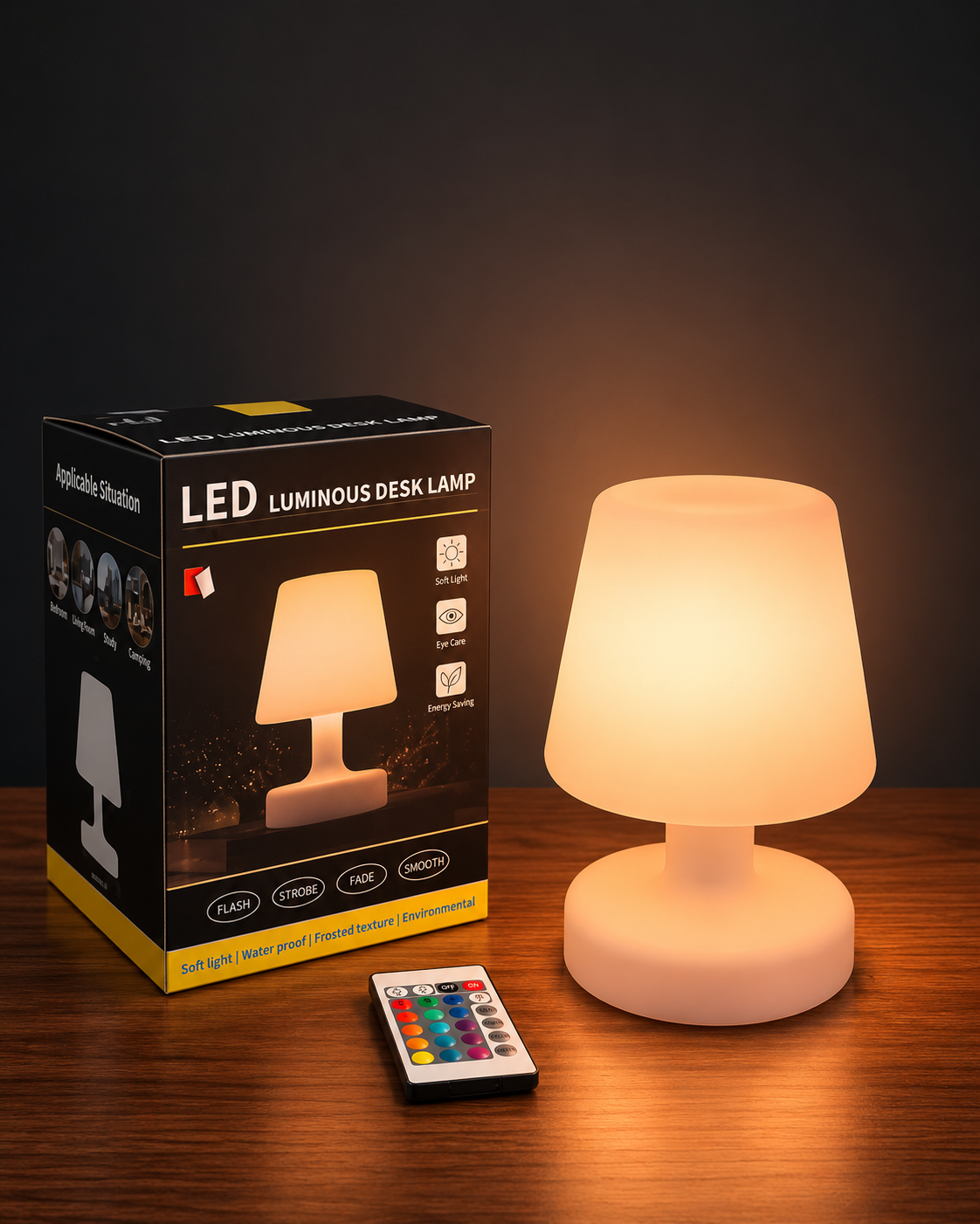 A small LED desk lamp with a glowing warm white shade and base sits on a wooden table next to its retail box and a remote control. The lamp is shown illuminated against a dark background, with the box labeled 'LED LUMINOUS DESK LAMP' visible on the left.