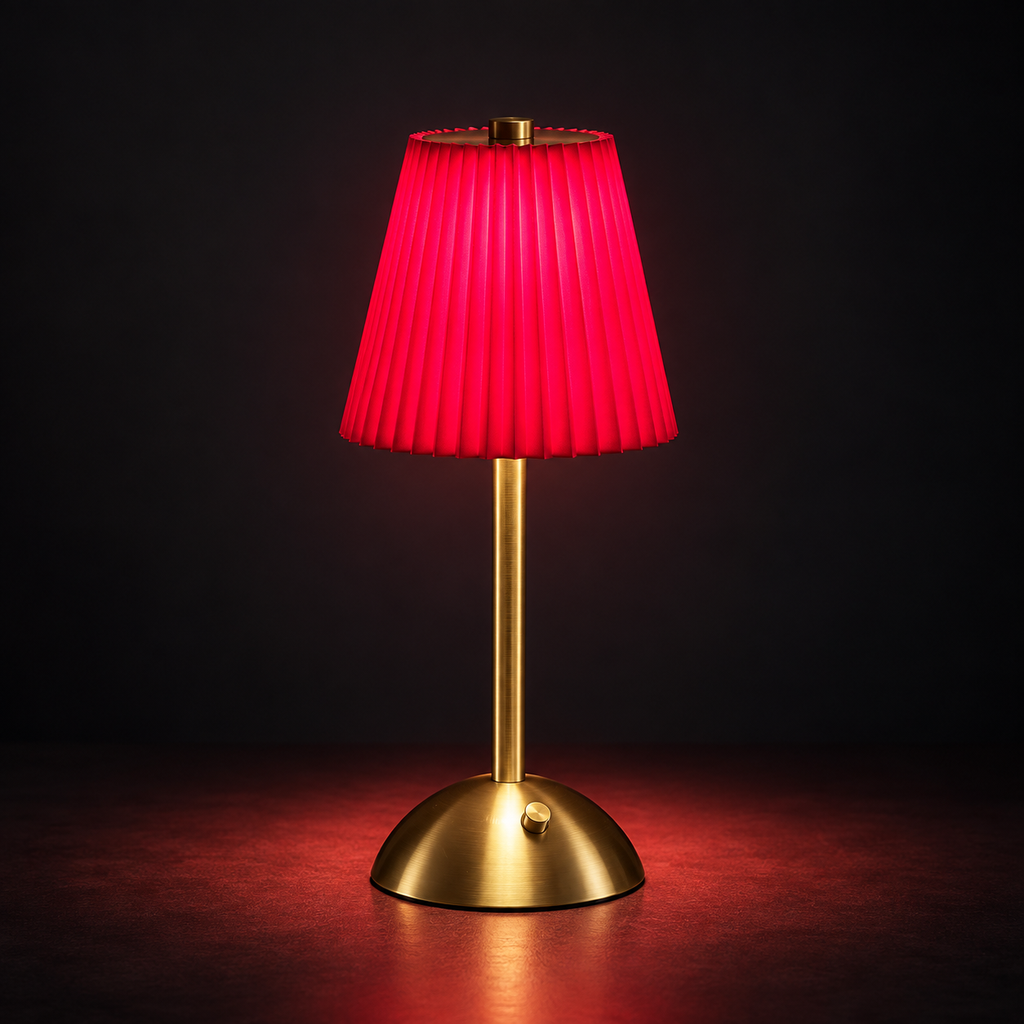 A modern table lamp with a pleated red fabric shade and a brushed gold metal base, shown illuminated against a dark background.