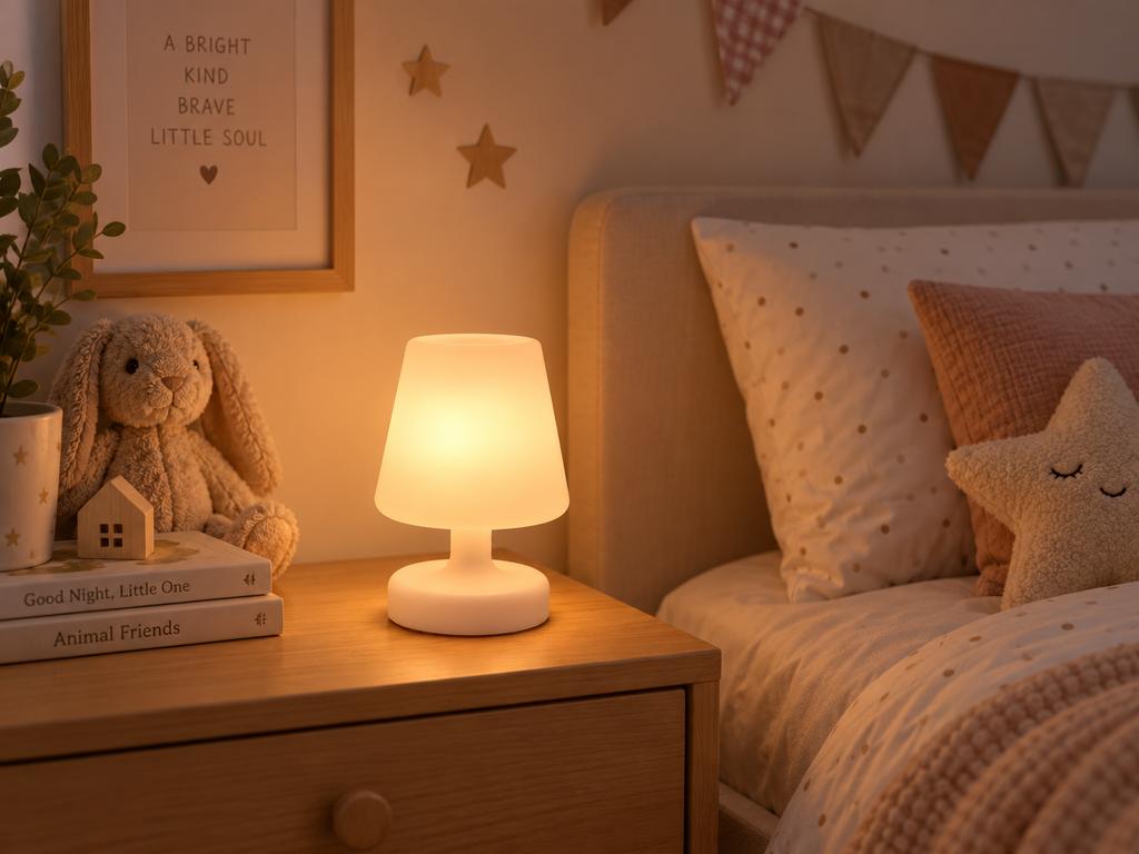 A warm white bedside table lamp glowing softly on a wooden nightstand in a cozy child's bedroom, with a stuffed bunny, framed wall art, pillows, and bedding nearby.