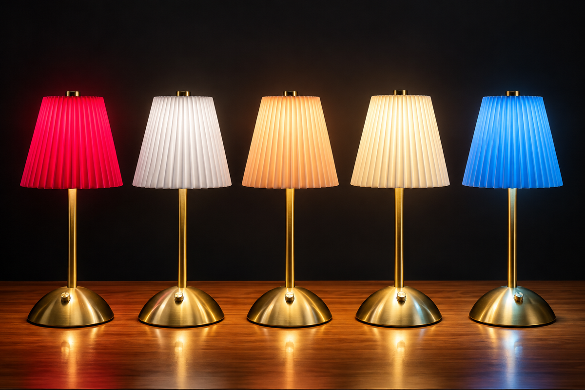 Five pleated table lamps with gold-finished bases and stems, each lit in a different color: red, white, peach, warm white, and blue, arranged in a row on a wooden surface against a dark background.