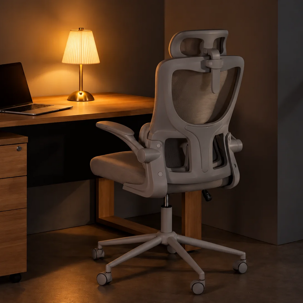 A pleated-shade table lamp glowing warmly on a desk beside a laptop, in a modern home office with an ergonomic chair, shown with the lamp fully in frame.