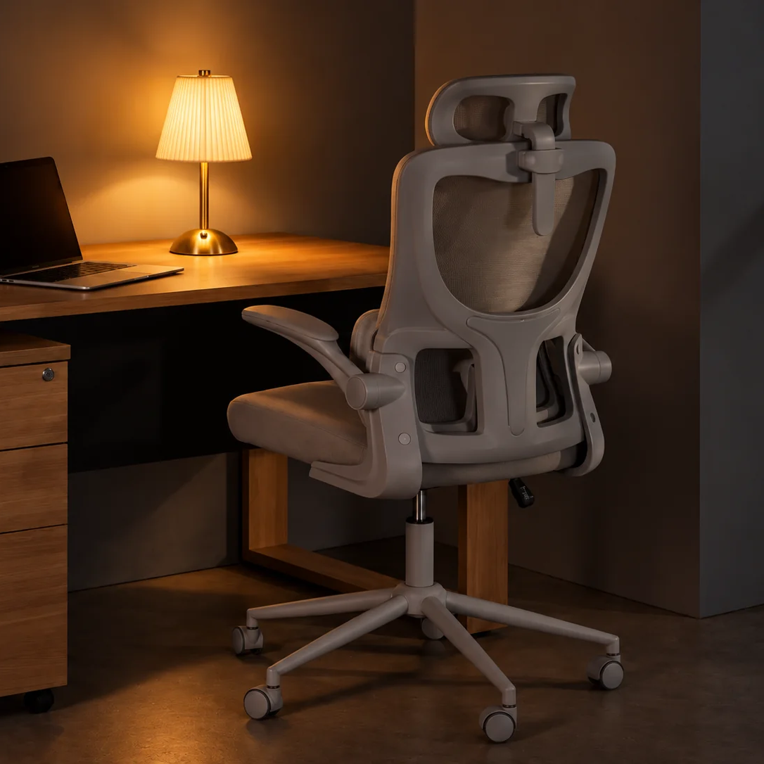 A pleated-shade table lamp glowing warmly on a desk beside a laptop, in a modern home office with an ergonomic chair, shown with the lamp fully in frame.