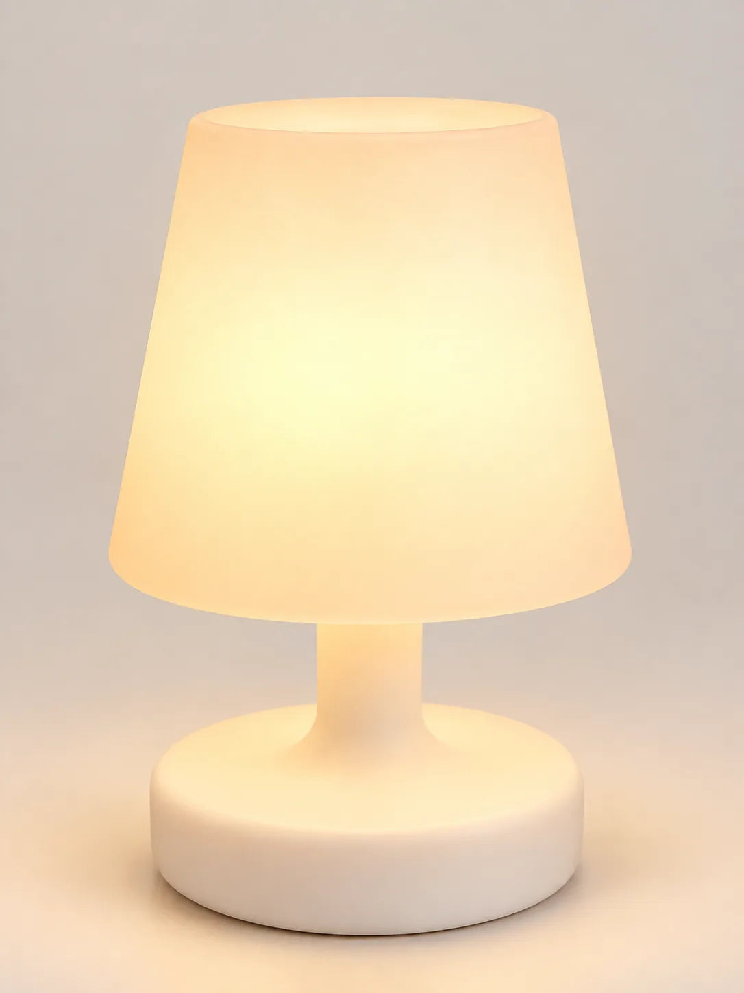 Voyalen 16-Colour Ambient LED Lamp, frosted white shade glowing warm white, studio product photo