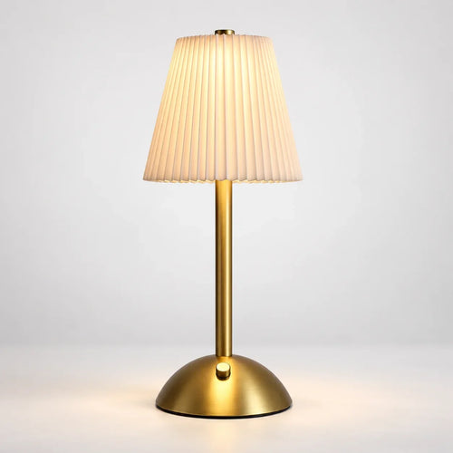 Voyalen Diamond Rechargeable Touch Lamp with pleated beige fabric shade, gold stem and base, studio photo on light gray background