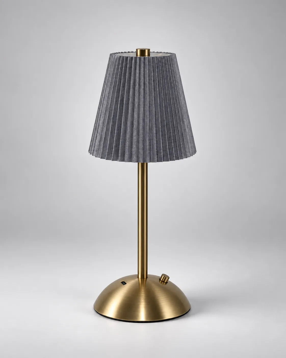 Voyalen Diamond Rechargeable Touch Lamp with pleated grey fabric shade, gold stem and base, studio photo on light gray background