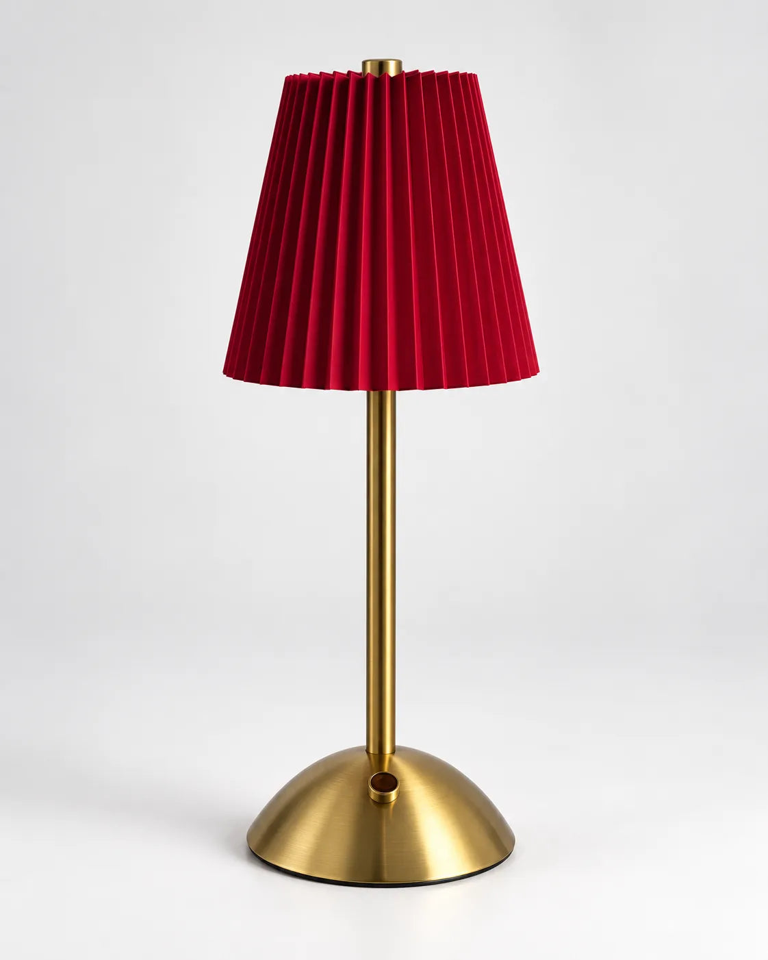 Voyalen Diamond Rechargeable Touch Lamp with pleated red fabric shade, gold stem and base, studio photo on light gray background