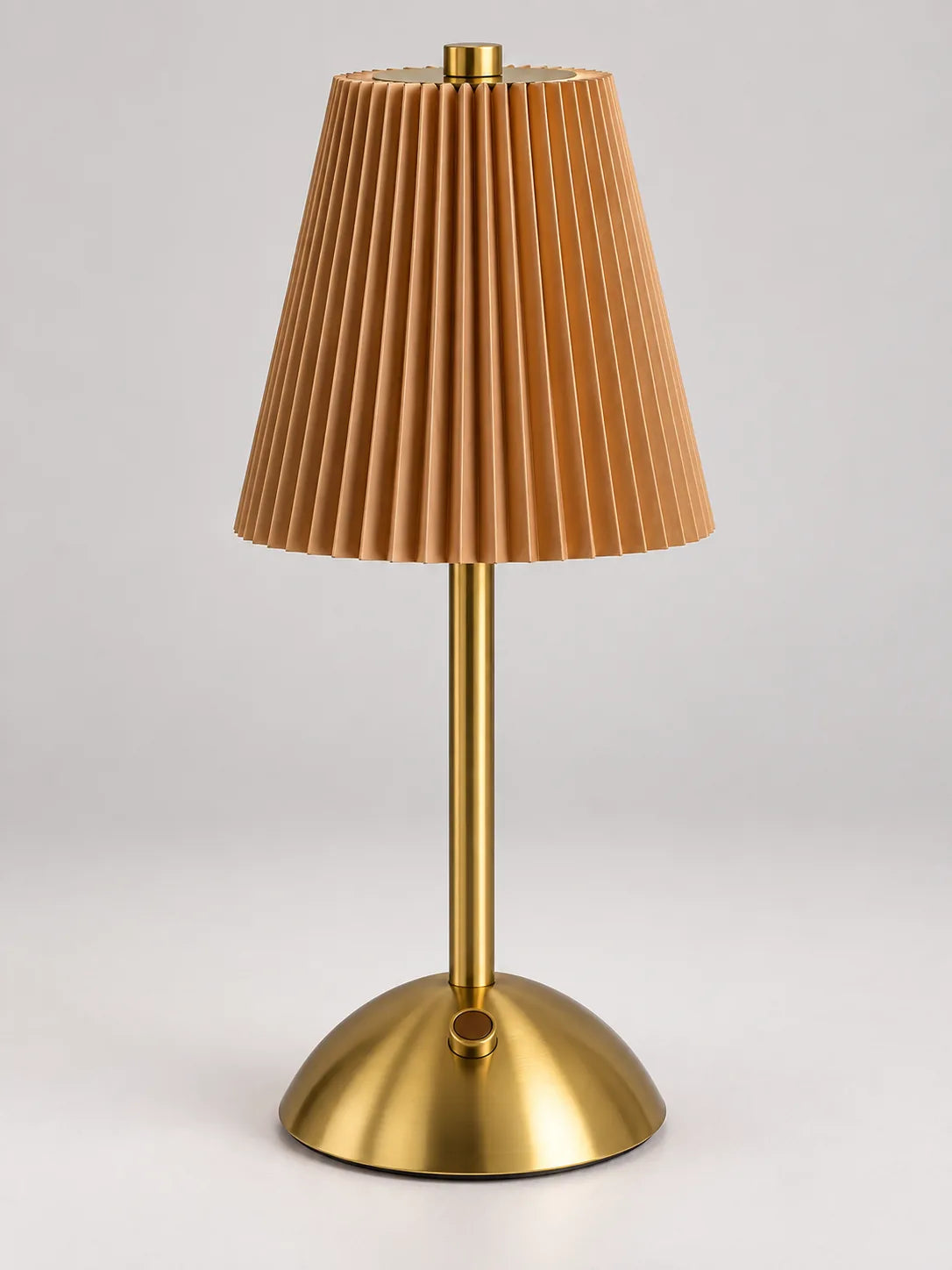 Voyalen Diamond Rechargeable Touch Lamp with pleated tan fabric shade, gold stem and base, studio photo on light gray background