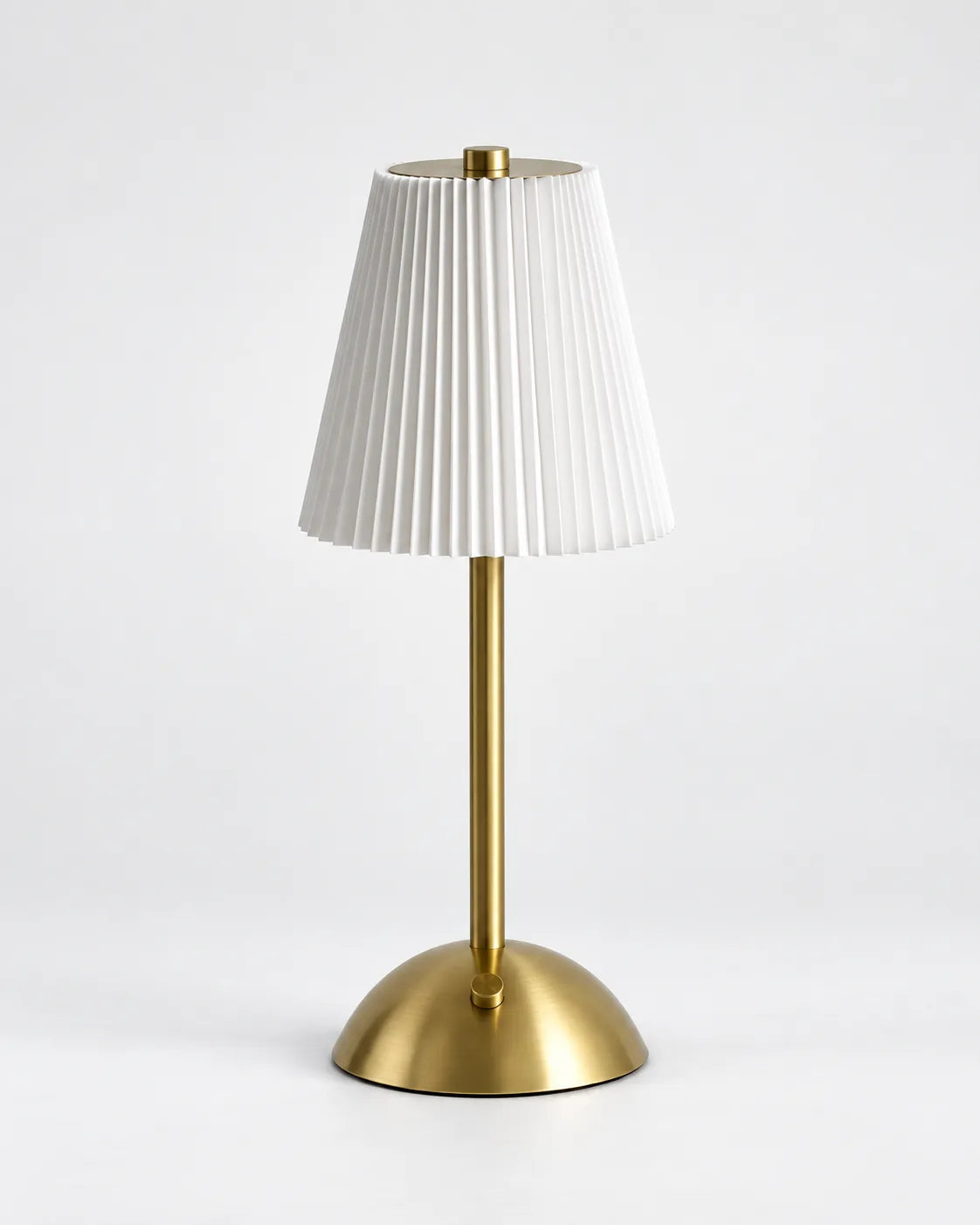 Voyalen Diamond Rechargeable Touch Lamp with pleated white fabric shade, gold stem and base, studio photo on light gray background