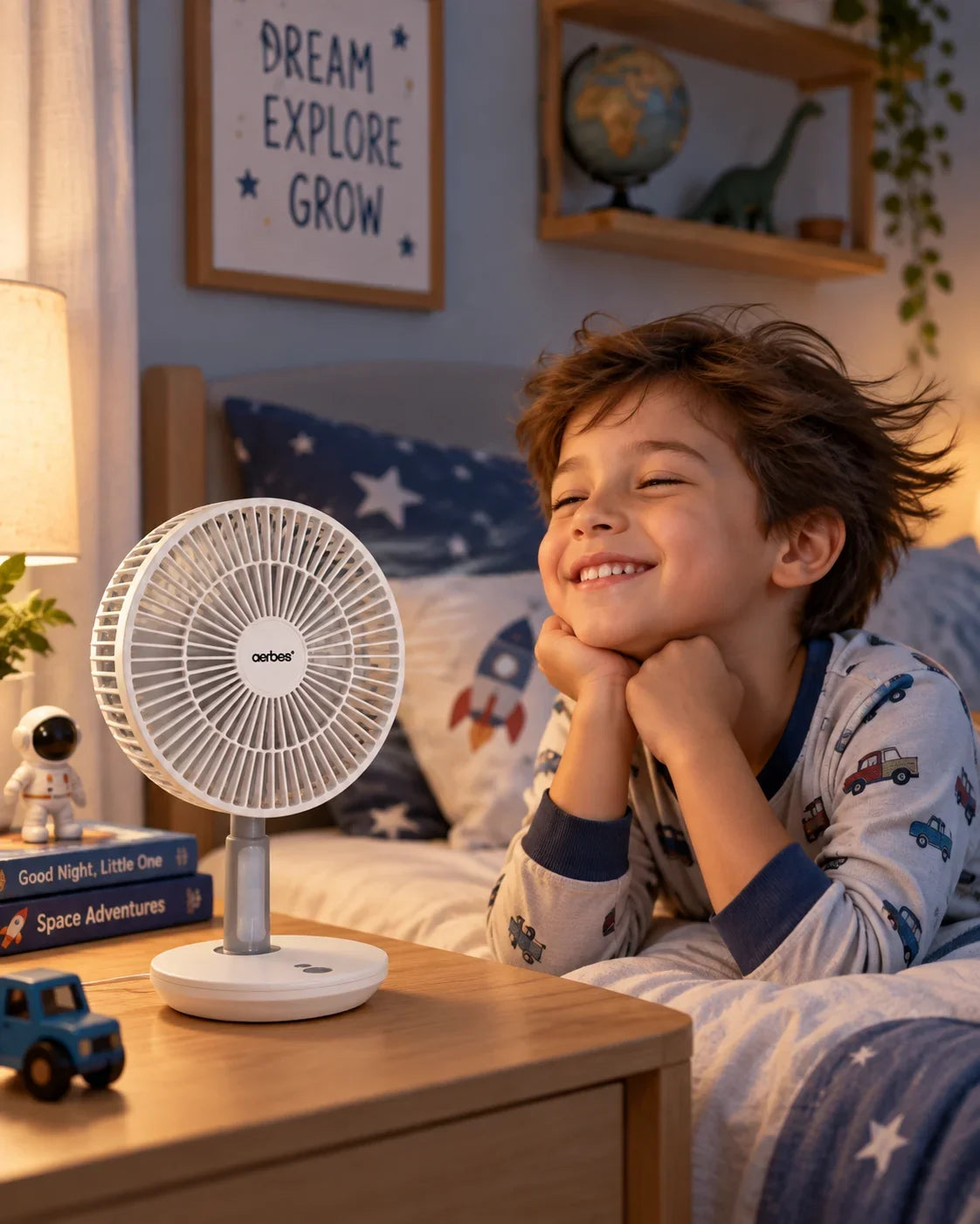 A smiling child in patterned pajamas lies on a bed in a cozy bedroom, looking toward a small white desk fan placed on a wooden nightstand. The room is warmly lit, with shelves, a globe, a dinosaur toy, and framed wall art visible in the background.