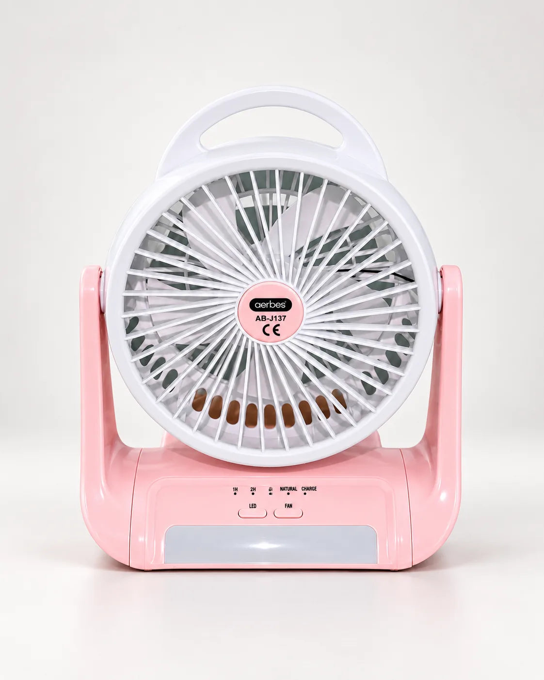 Voyalen LED Rechargeable Desktop Fan with 12-light ambient glow, pink and white, studio photo on white background