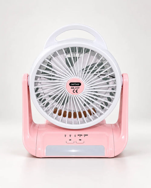 Voyalen LED Rechargeable Desktop Fan with 12-light ambient glow, pink and white, studio photo on white background
