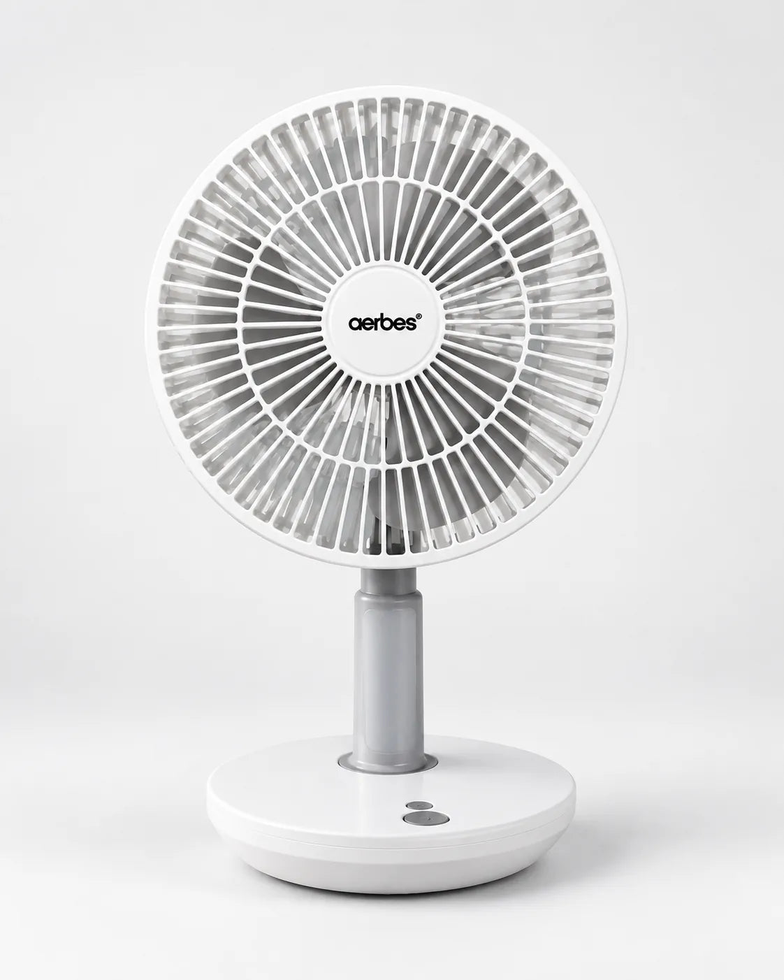 Voyalen Rechargeable LED Desktop Fan, white pedestal style with 3-speed oscillation, studio photo on white background