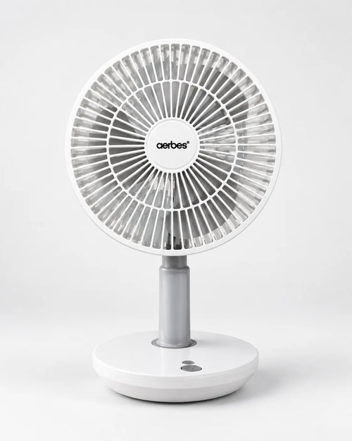 Voyalen Rechargeable LED Desktop Fan, white pedestal style with 3-speed oscillation, studio photo on white background