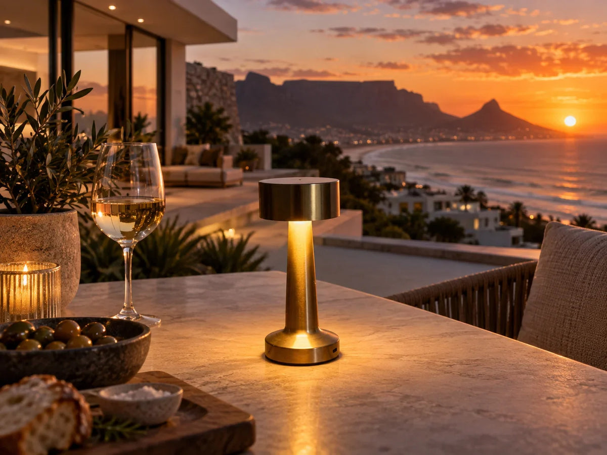 A modern brass table lamp glowing warmly on an outdoor patio table, set against a luxurious sunset ocean view with mountains and a beach in the background.